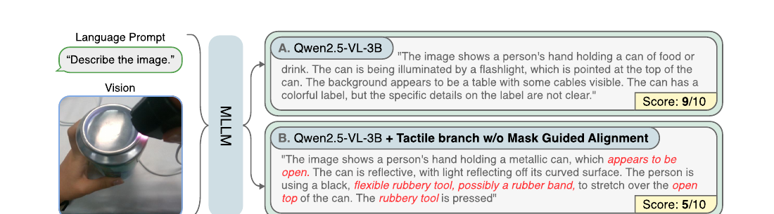 Catastrophic forgetting example: MLLM produces hallucinated descriptions after naive tactile tuning.